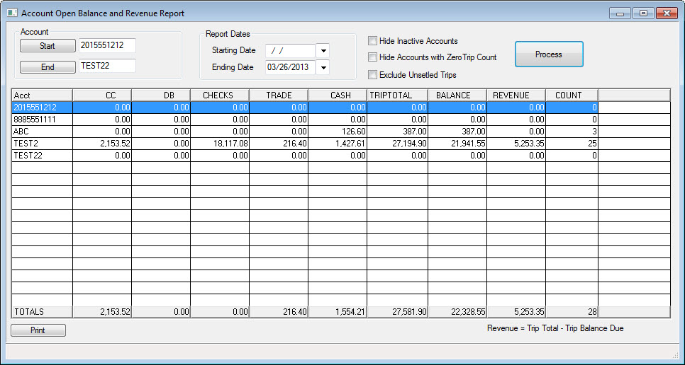 Account Open Balance & Revenue Report